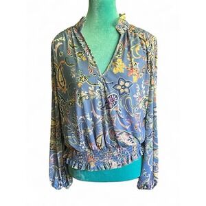 Boston Proper Blue‎ Chic Paisley Mesh Smocked Blouson. Size Small